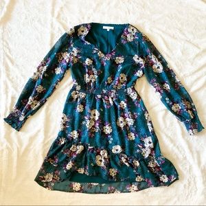 Smocked green floral A-Line minidress with V-neck